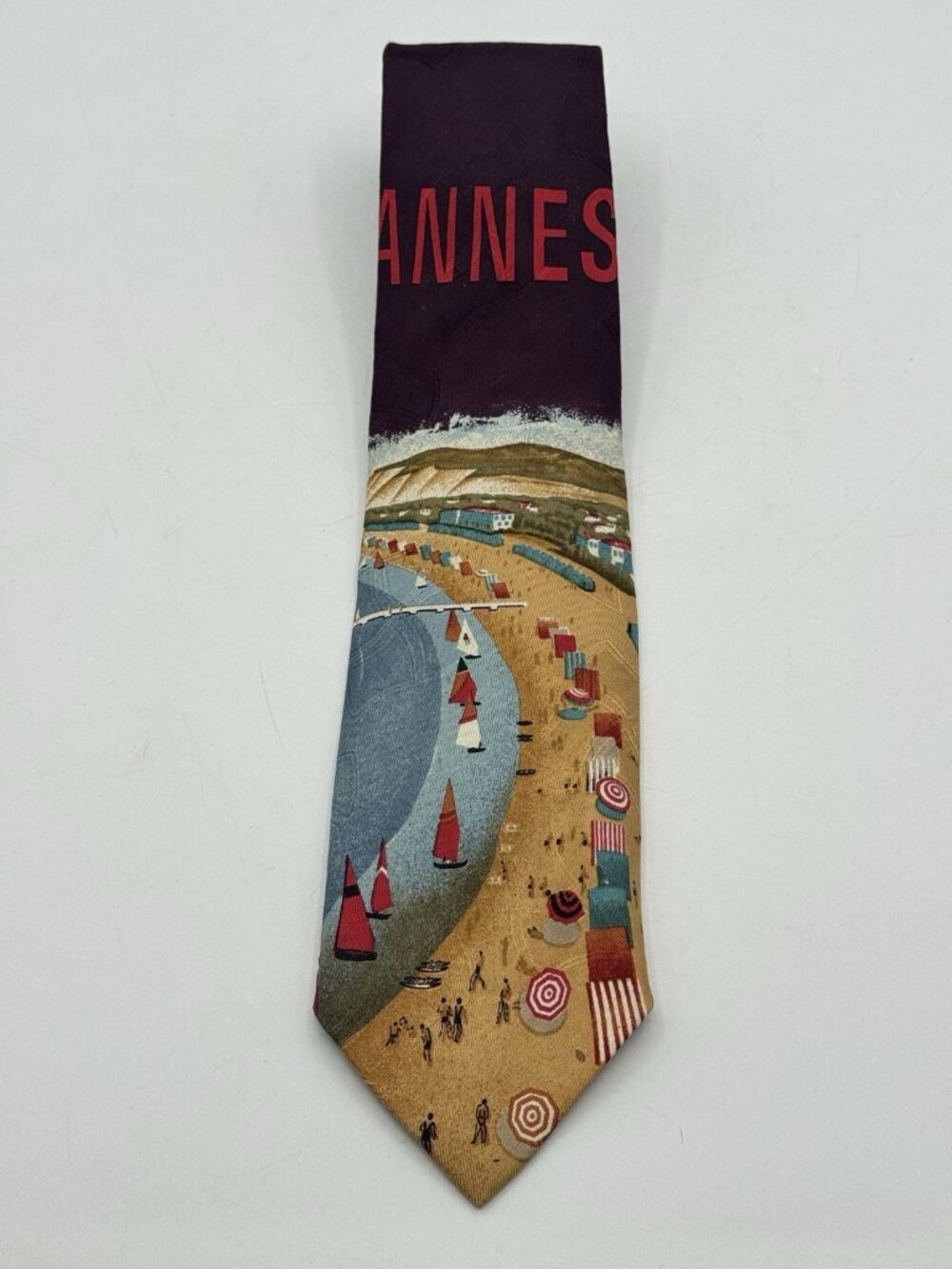 Vintage Ralph Lauren Cannes Beach Sailboat Print USA Silk Tie Rare